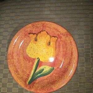 Hand-Painted Floral Ceramic Dinner Plate - Orange & Yellow Tulip. Made In Italy